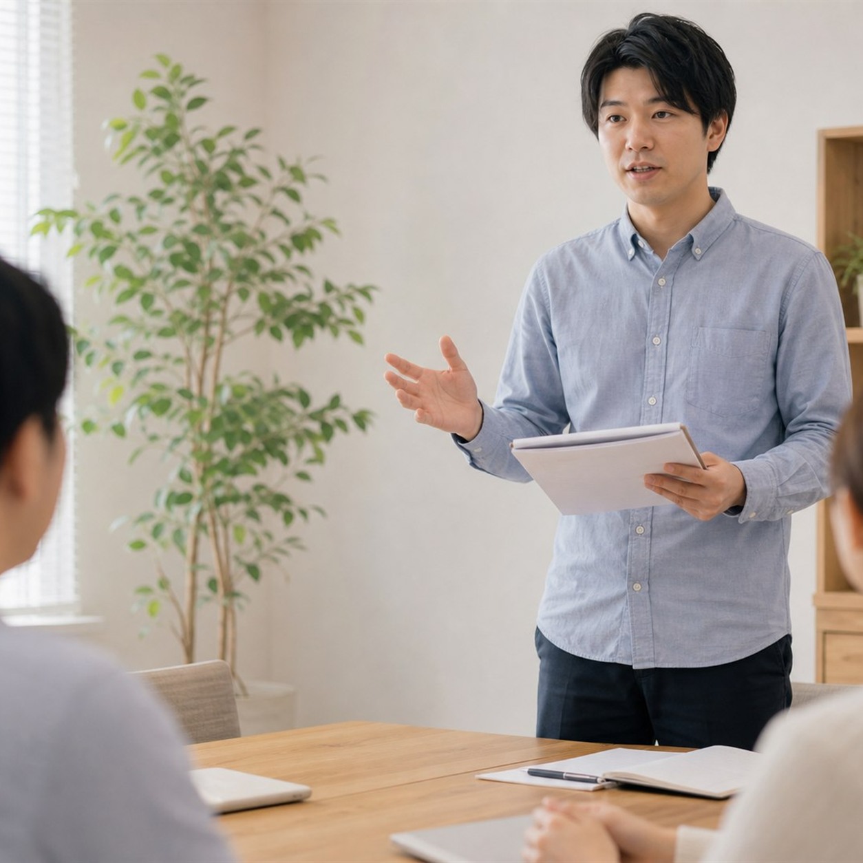 少人数の前で発表練習をする場面