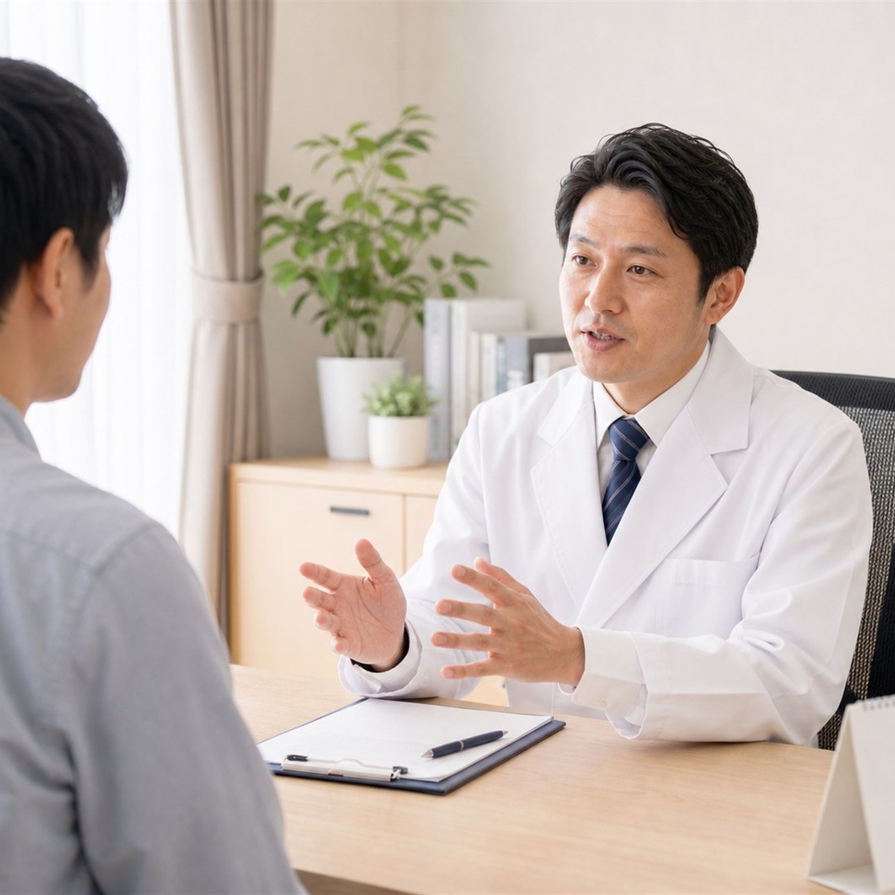 医師とあがり症の症状を相談する場面