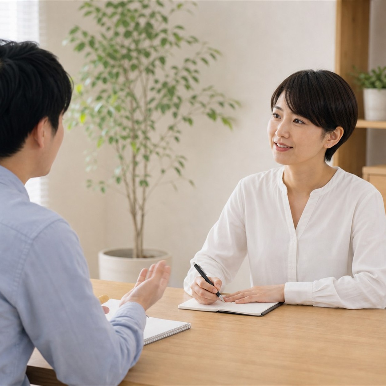 相談室で会話のロールプレイを行う場面