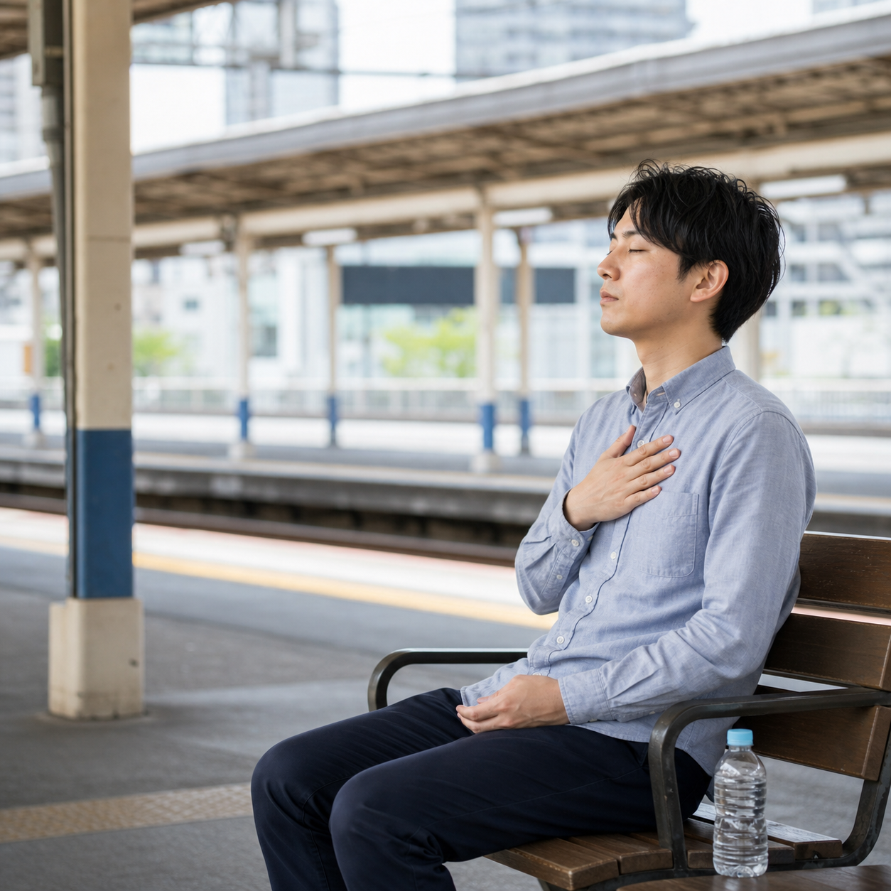 駅のベンチで呼吸を整えるパニック外来のイメージ