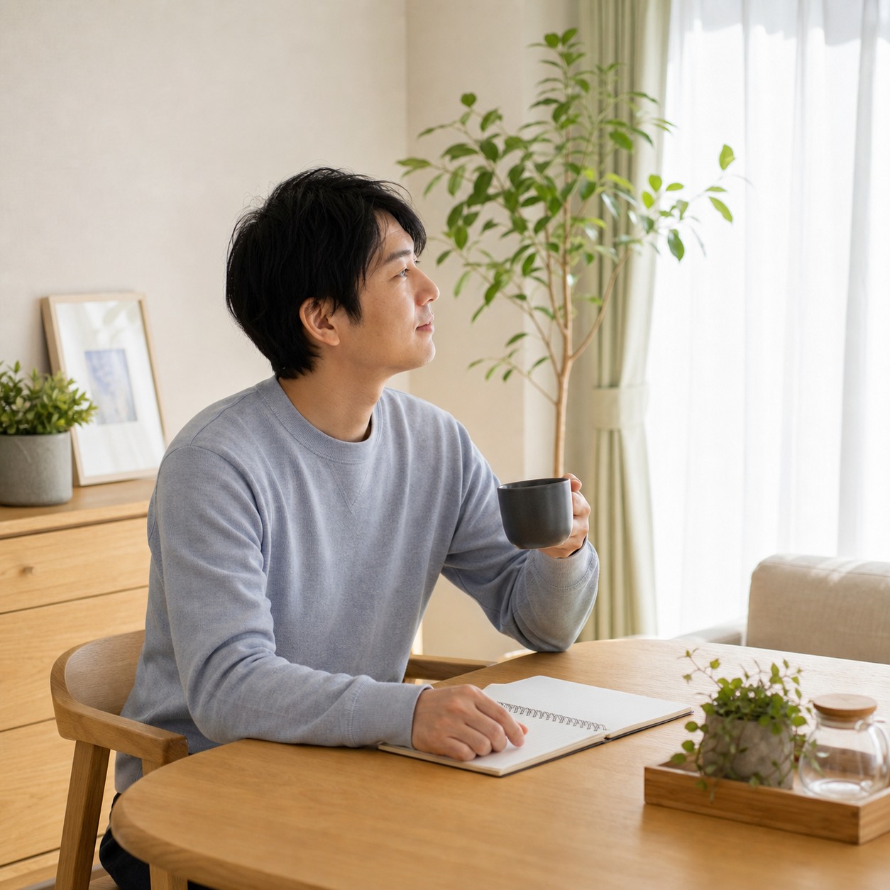 休職中に自宅で朝の光を見ながら療養を考える人