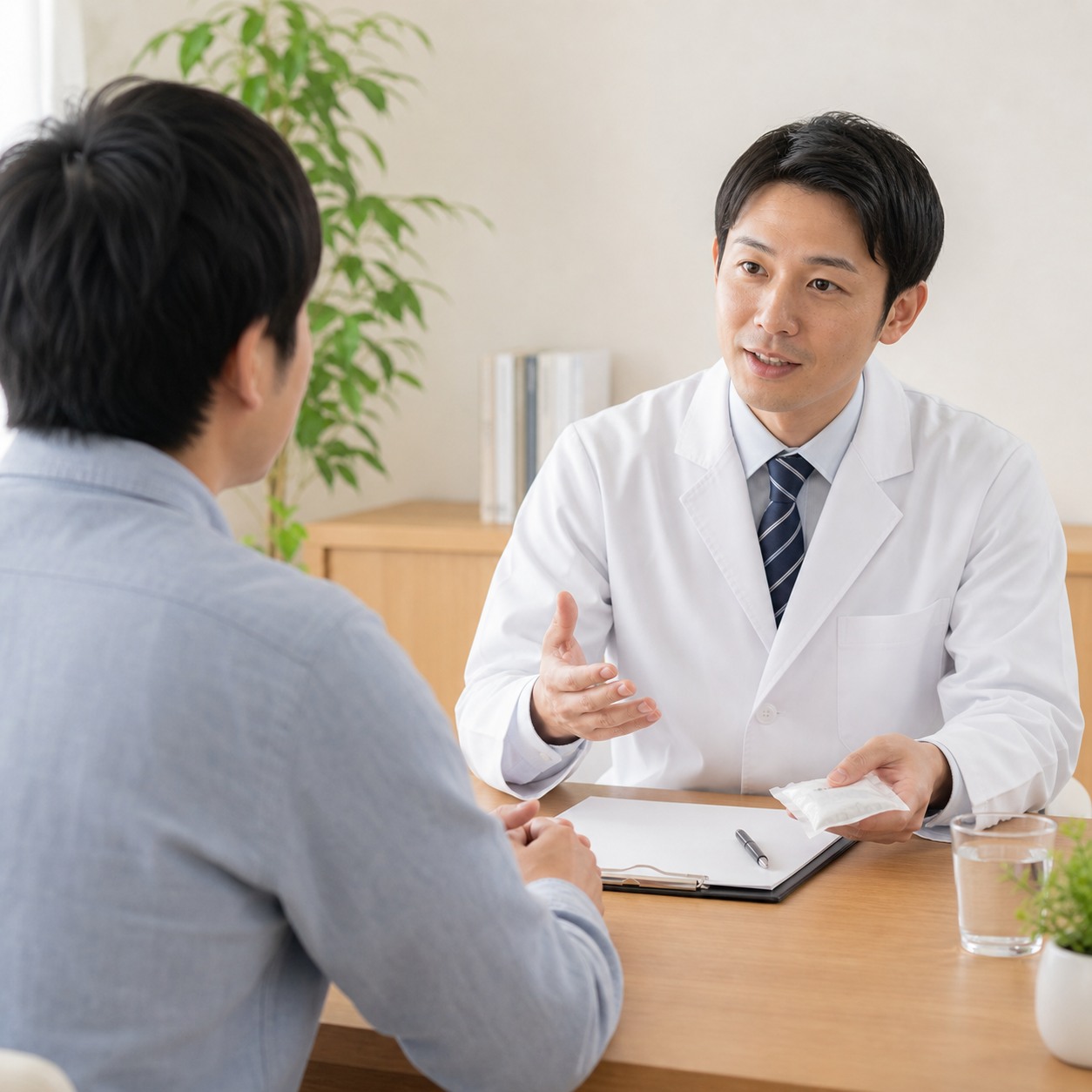 服薬と体調を医師に相談するための水と薬のイメージ