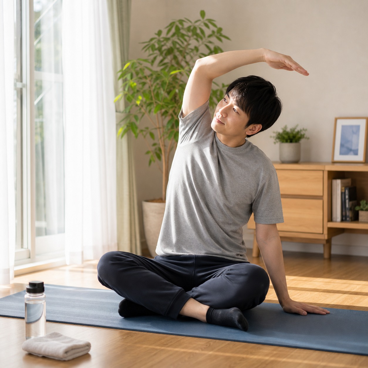 朝にベッド上で軽く体を伸ばす人