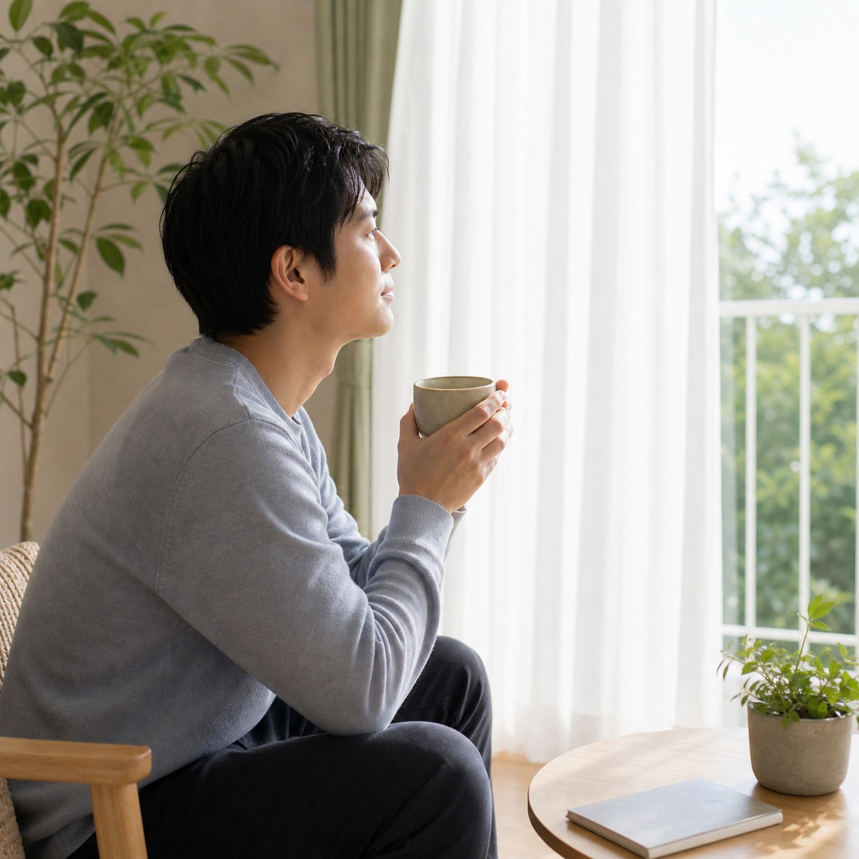 窓辺で静かに考えを受け止める人