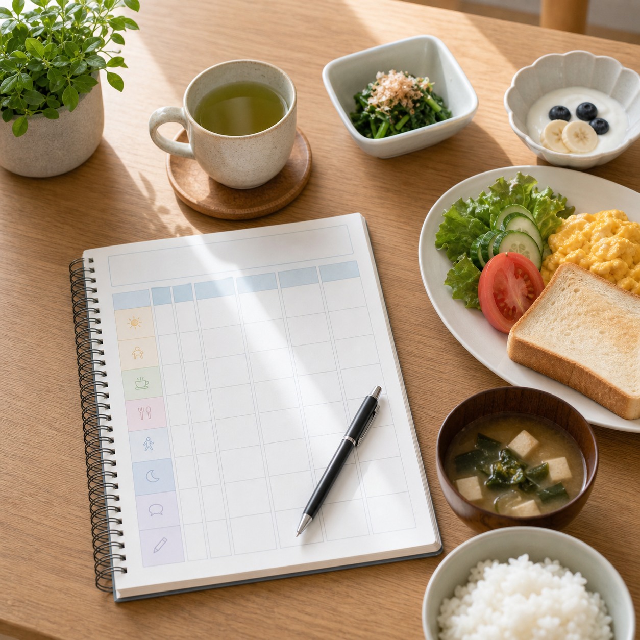 朝食とノートで生活記録をつける場面