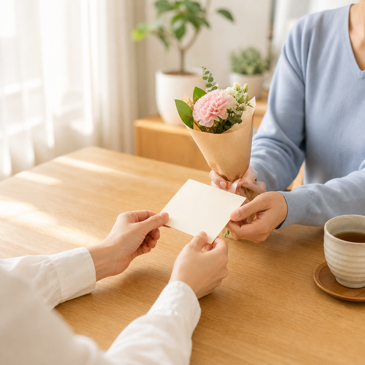 花束とカードで感謝を伝える手元