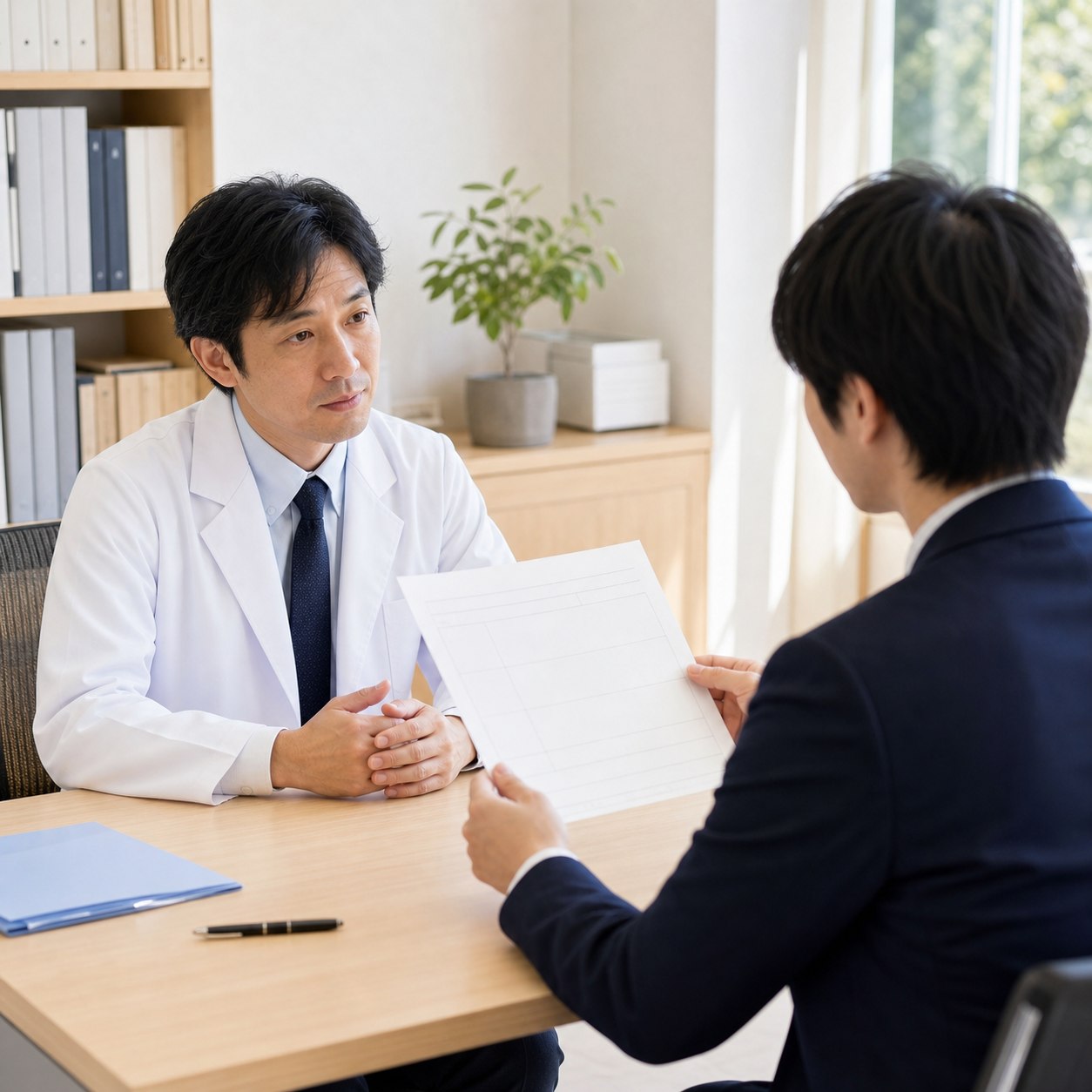 免許申請用の診断書様式を持参し、精神科医へ相談する日本人会社員