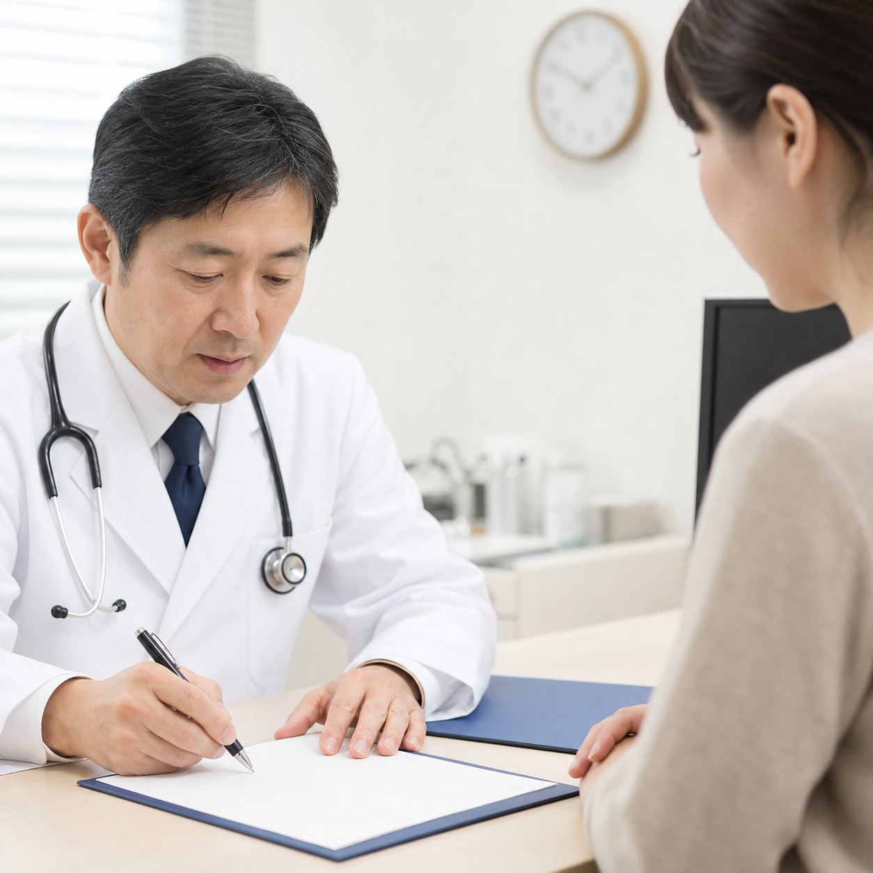 医師が免許申請用診断書の所定様式を確認しながら記載する診察場面