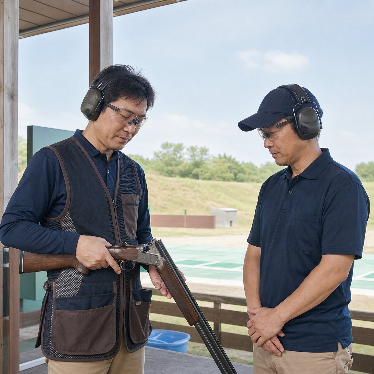 管理された射撃場で安全装備を着用し、開放状態の散弾銃を安全に確認する所持許可者