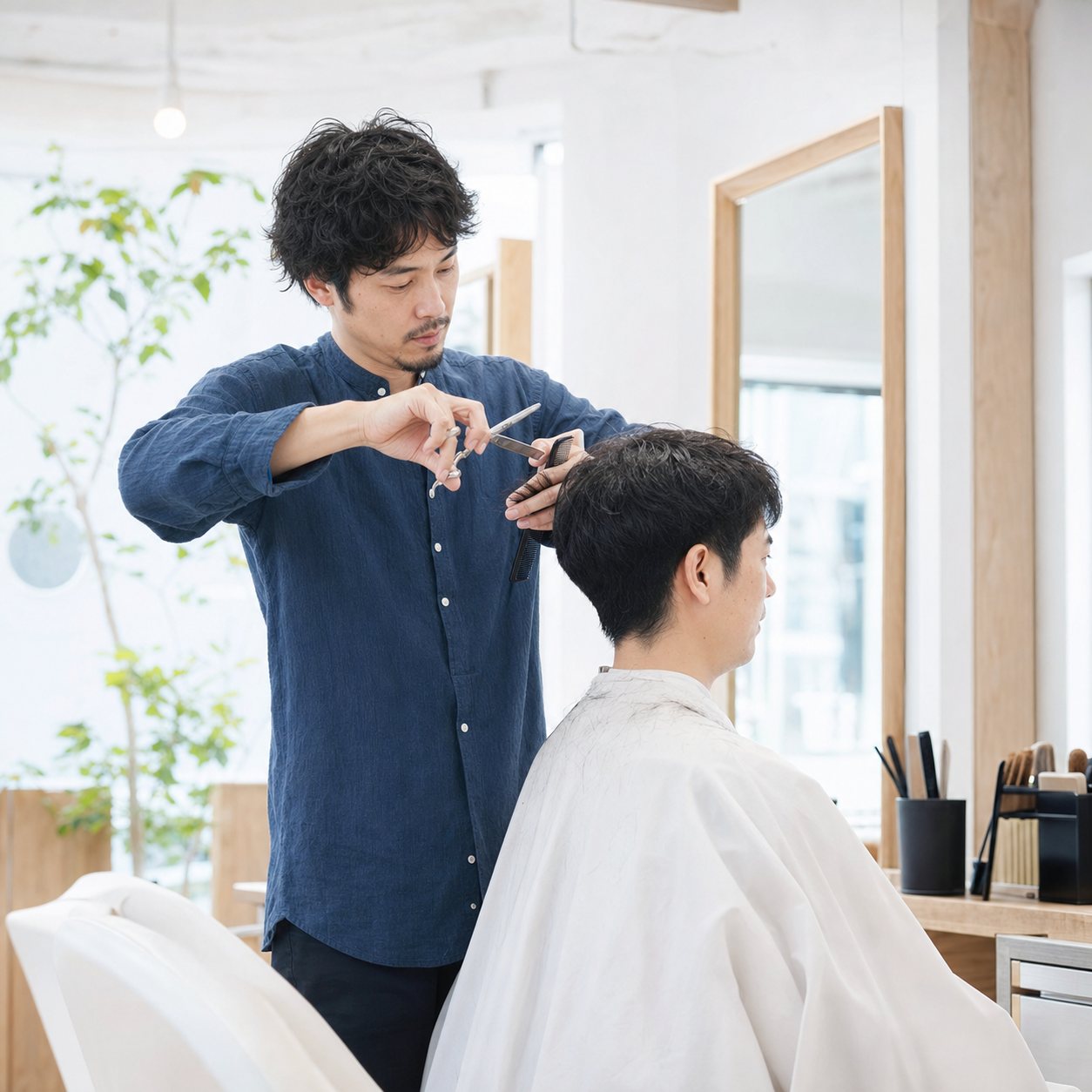 明るい日本の美容室で客の髪をカットする理容師・美容師
