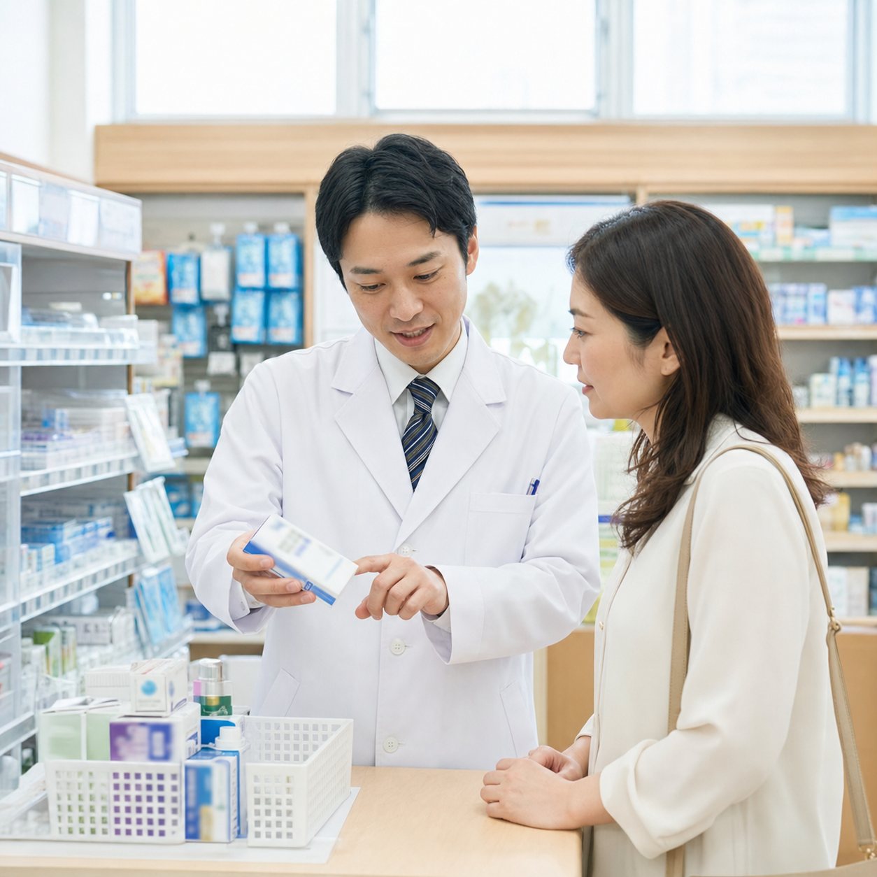 日本の薬局で来店者に医薬品について説明する薬剤師・登録販売者