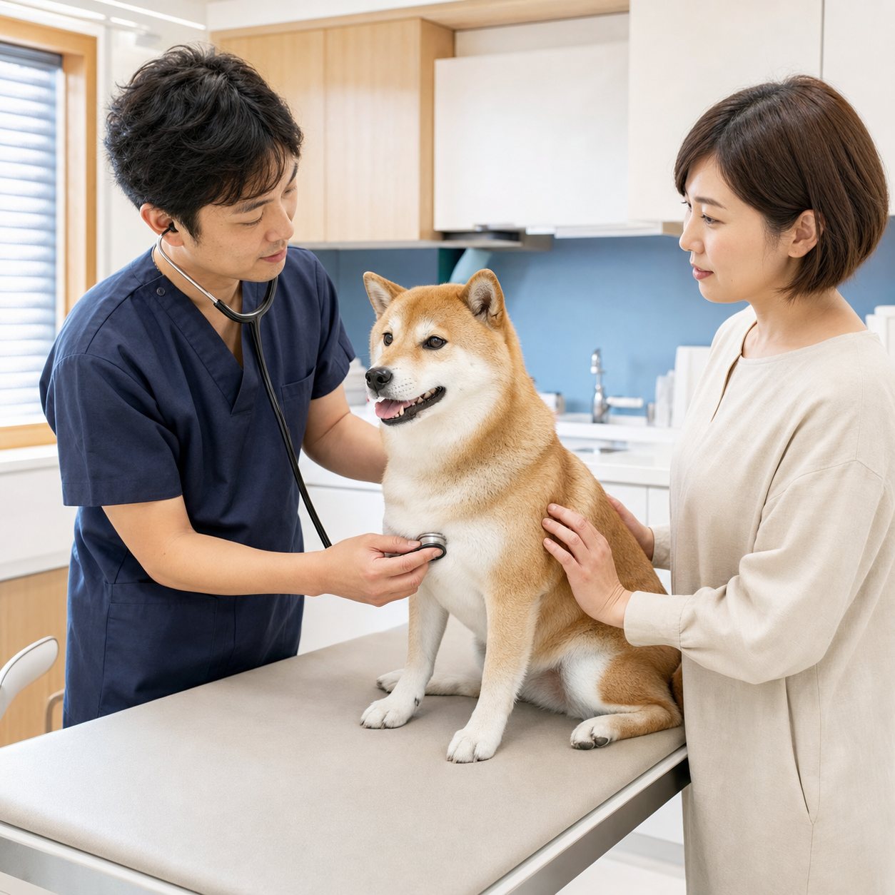 日本の動物病院で犬を診察し、飼い主に説明する獣医師
