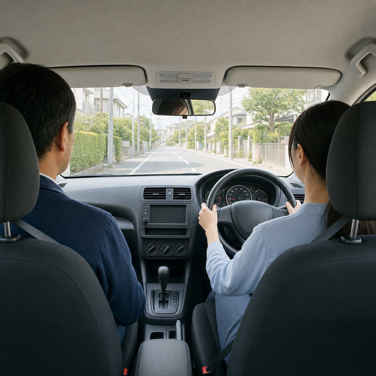 シートベルトを着用し、前方を確認しながら安全運転する自動車運転者