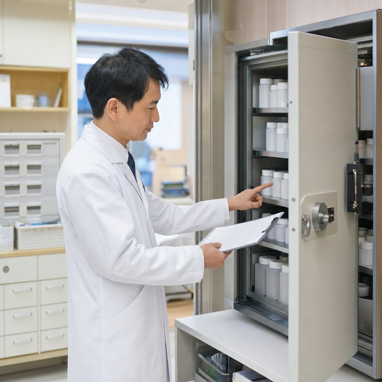 薬局内で施錠保管庫と管理記録を確認する薬剤師