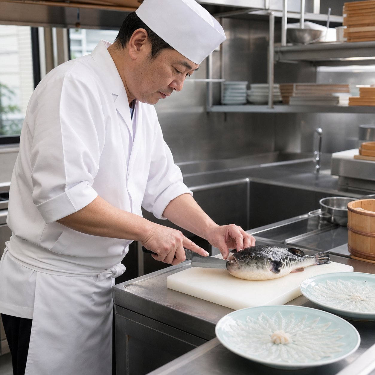 衛生管理された和食店の調理場でふぐを扱う調理人