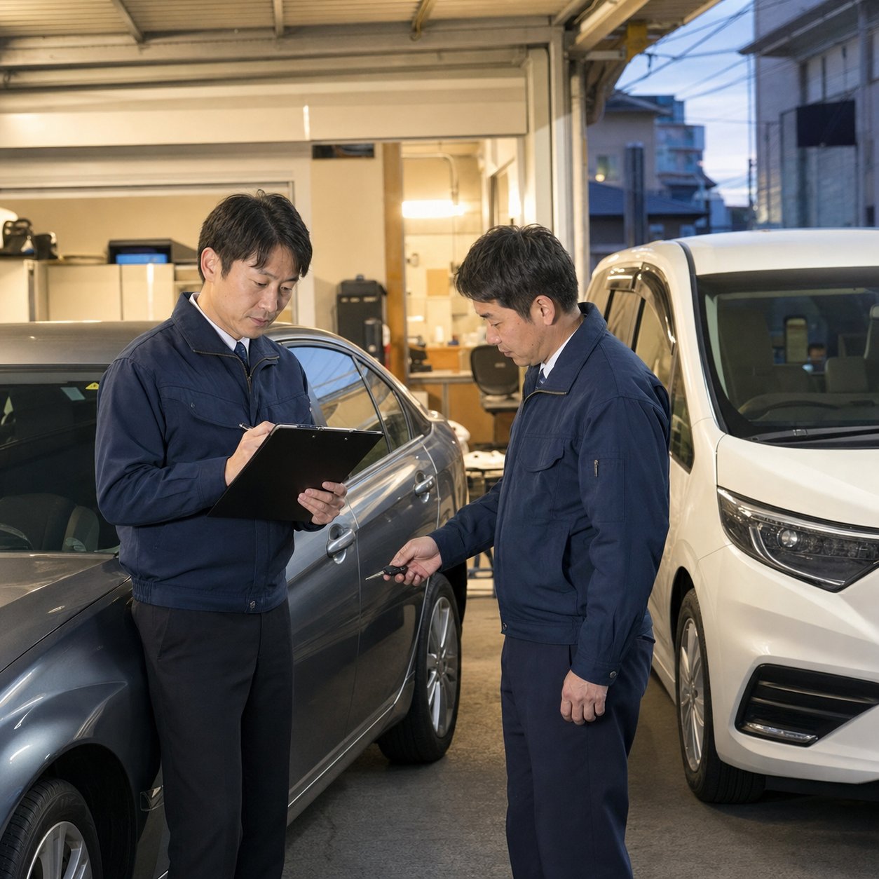 夜間の営業所で乗務前の確認を行う自動車運転代行業の運転者