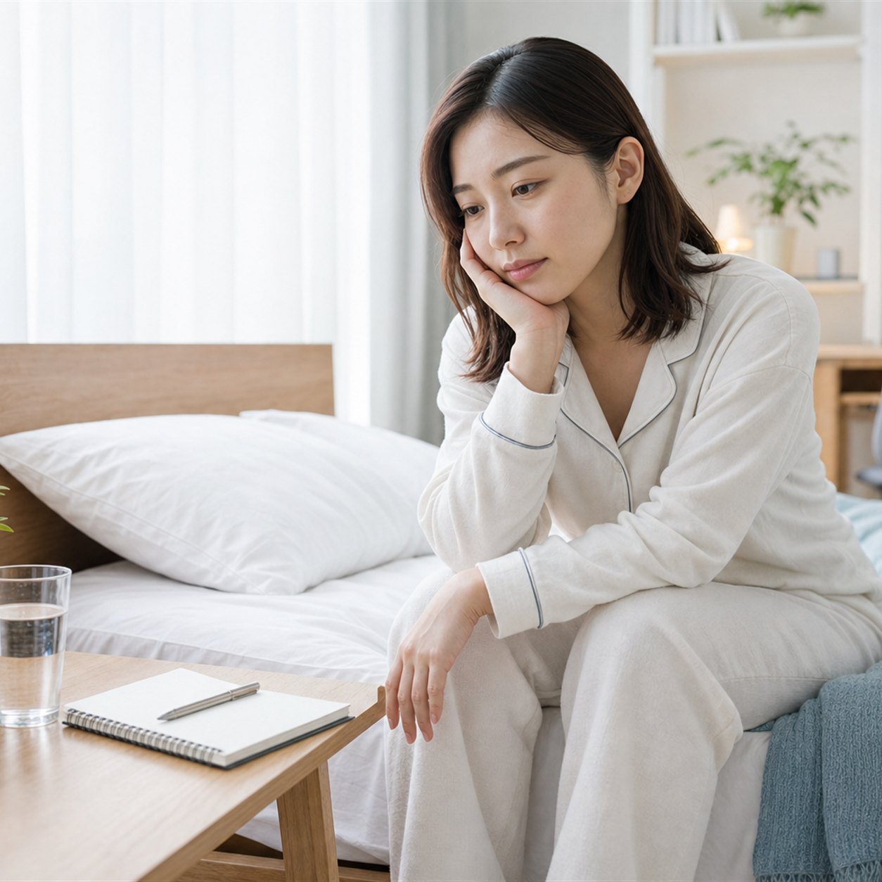 夜になっても眠れずベッドで悩む人