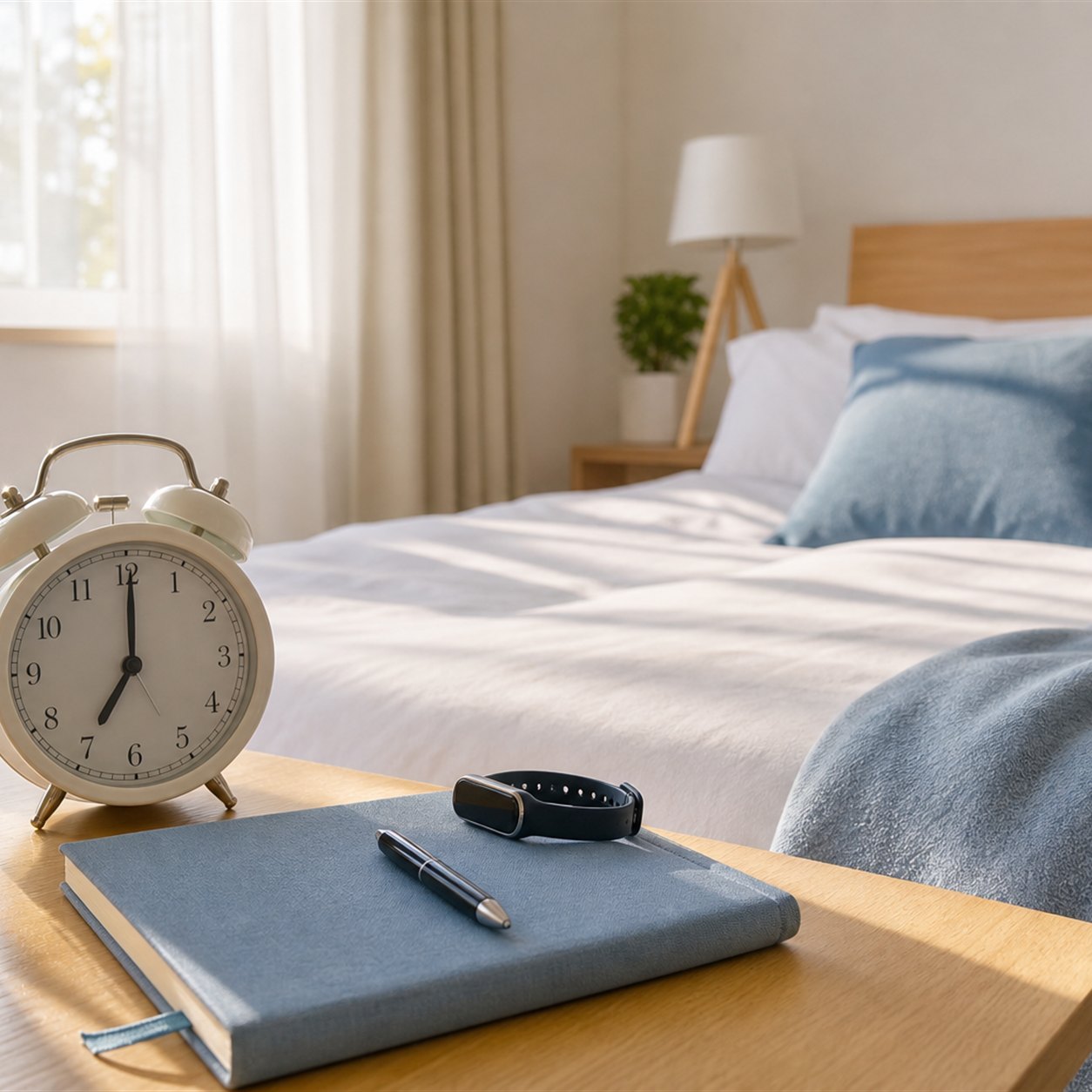 時計・ベッド・スマートフォンで睡眠の三要素を考える場面