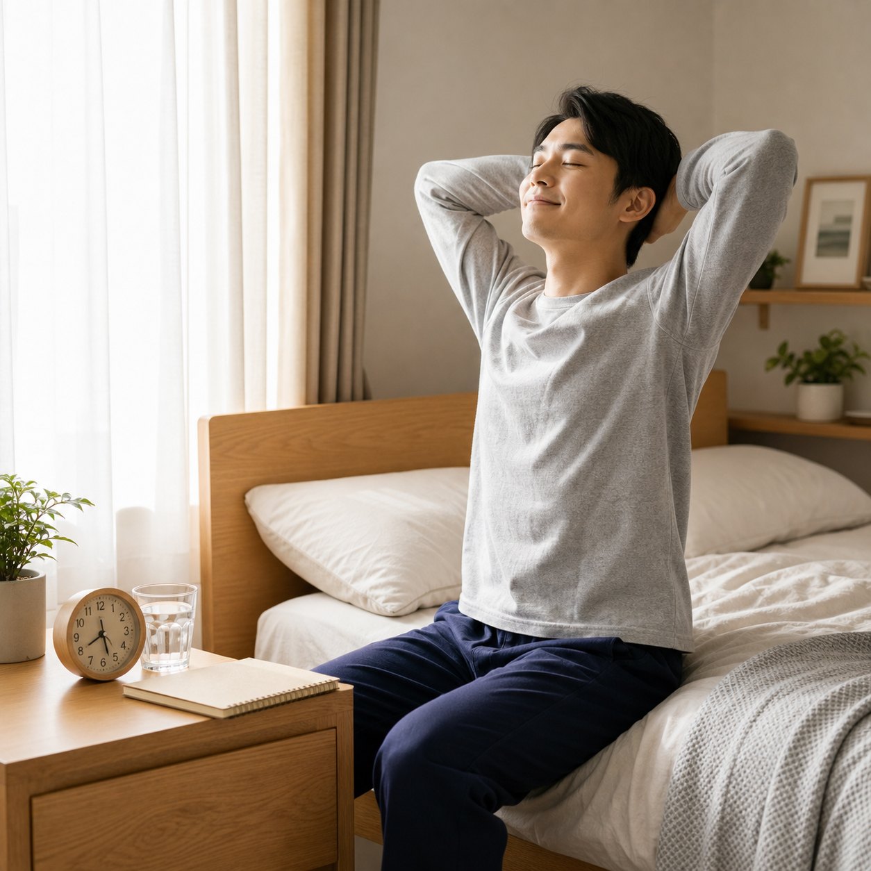 十分な睡眠後に朝の光を浴びる人