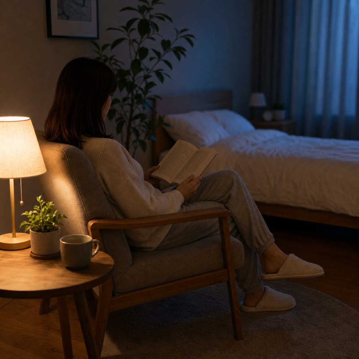 眠れないときに寝床を離れて静かに過ごす場面