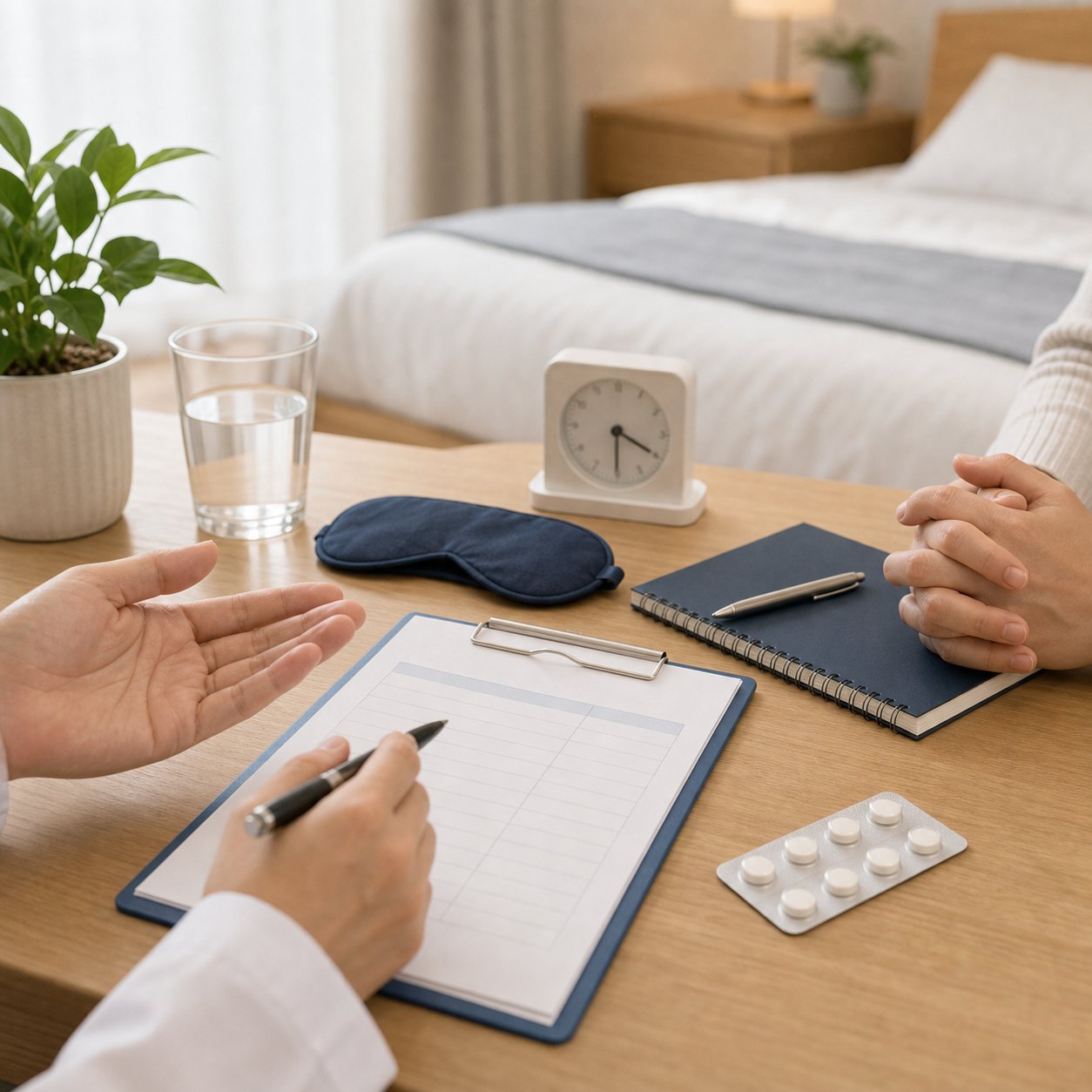 睡眠の生活改善・認知行動療法・薬物療法を相談する場面