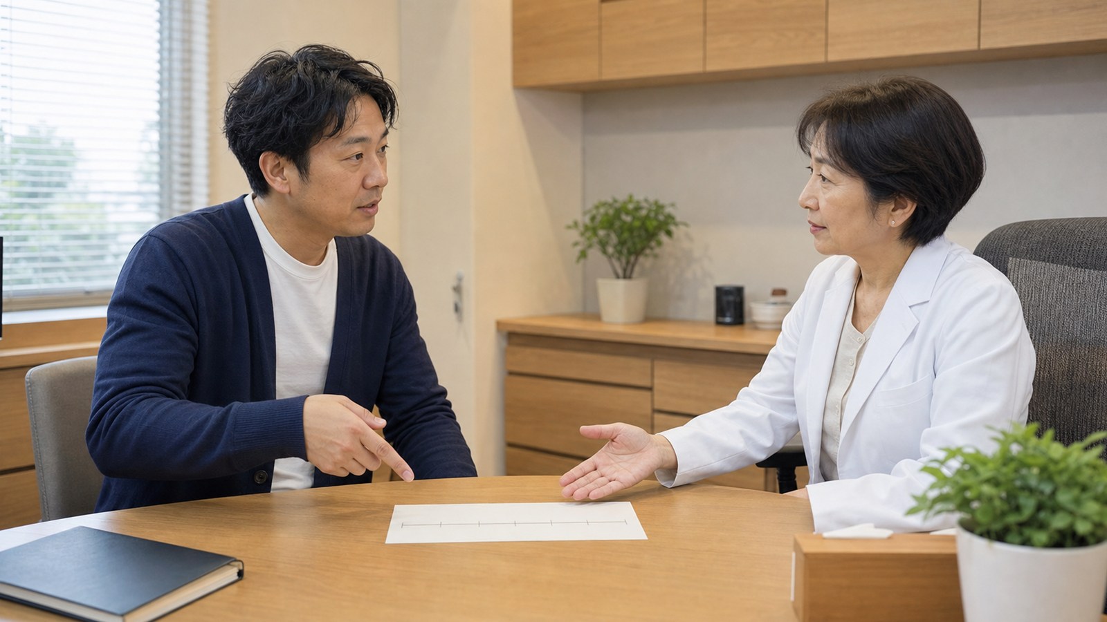 環境変化と症状の経過を医師へ相談する日本人男性