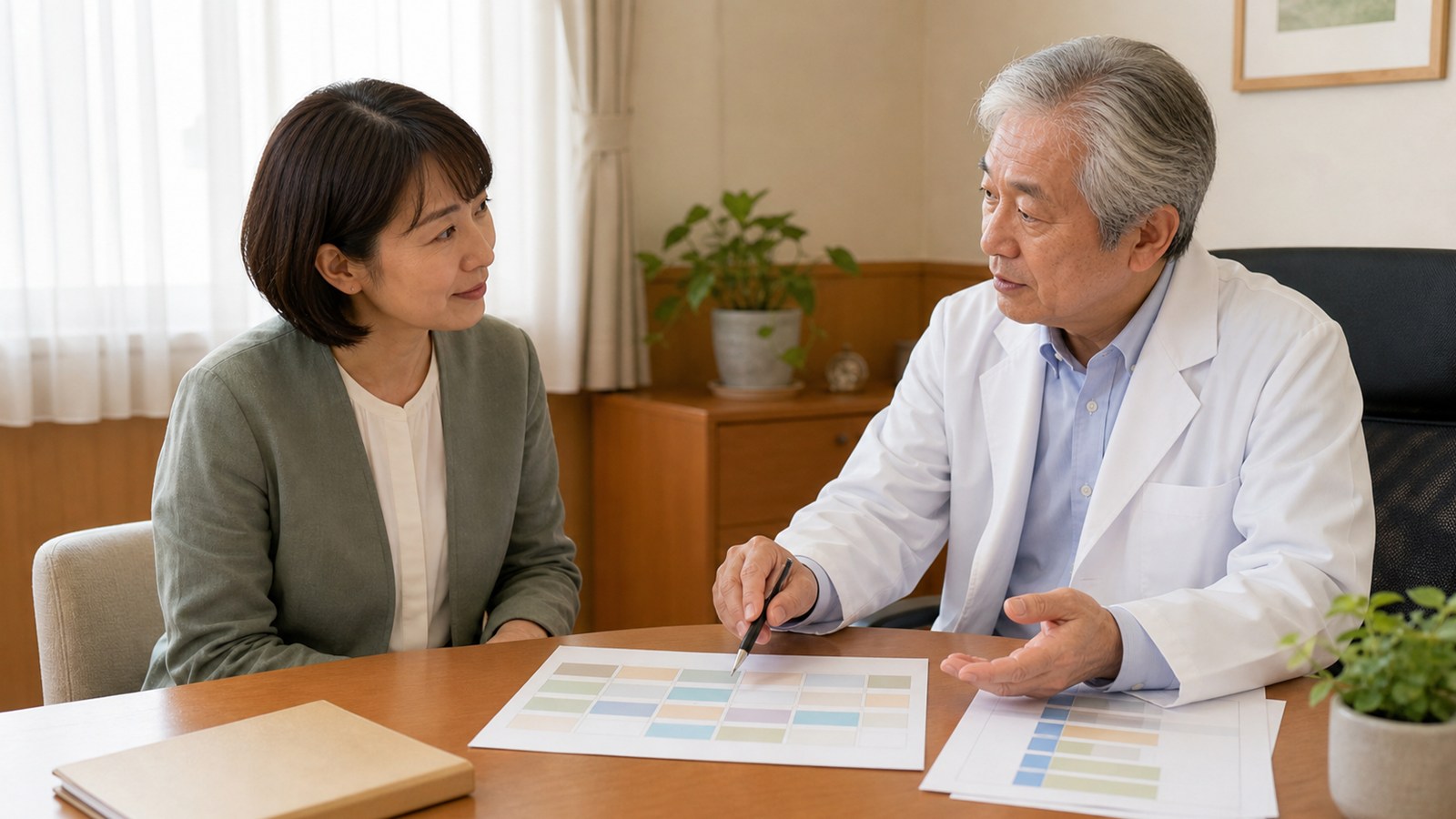 体調に合わせた勤務時間と業務負担を医師へ相談する日本人女性