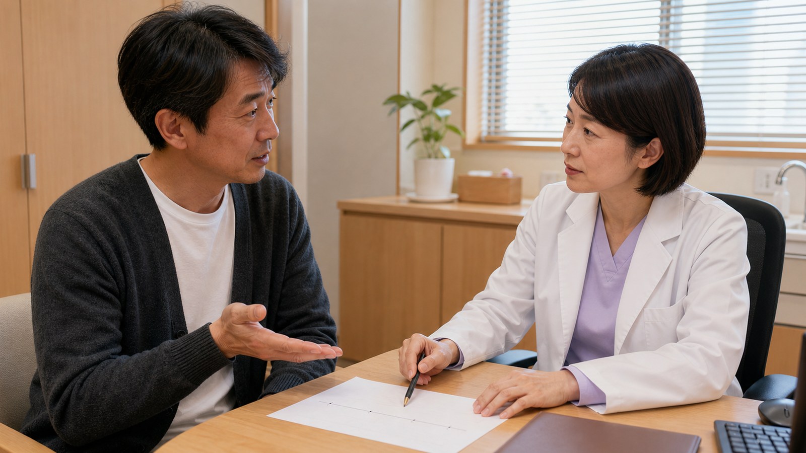 複数の自律神経症状と生活への影響を医師へ相談する診察場面