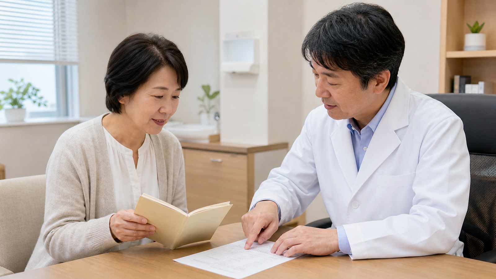 お薬手帳と検査結果を医師と確認する診察場面