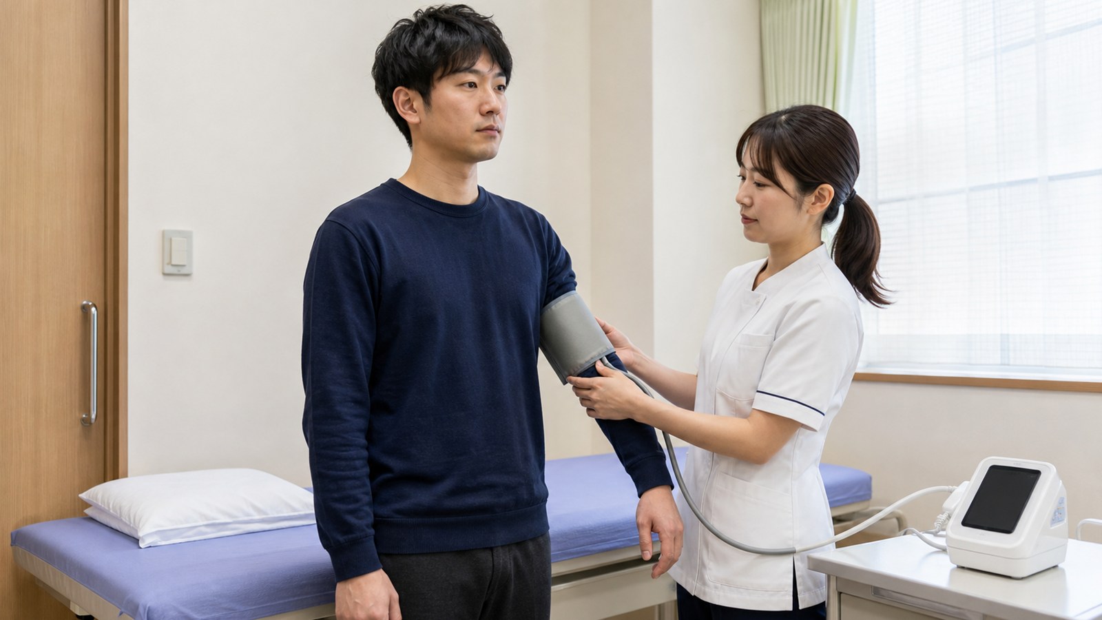 横になった状態と立位で血圧と脈拍を確認する場面