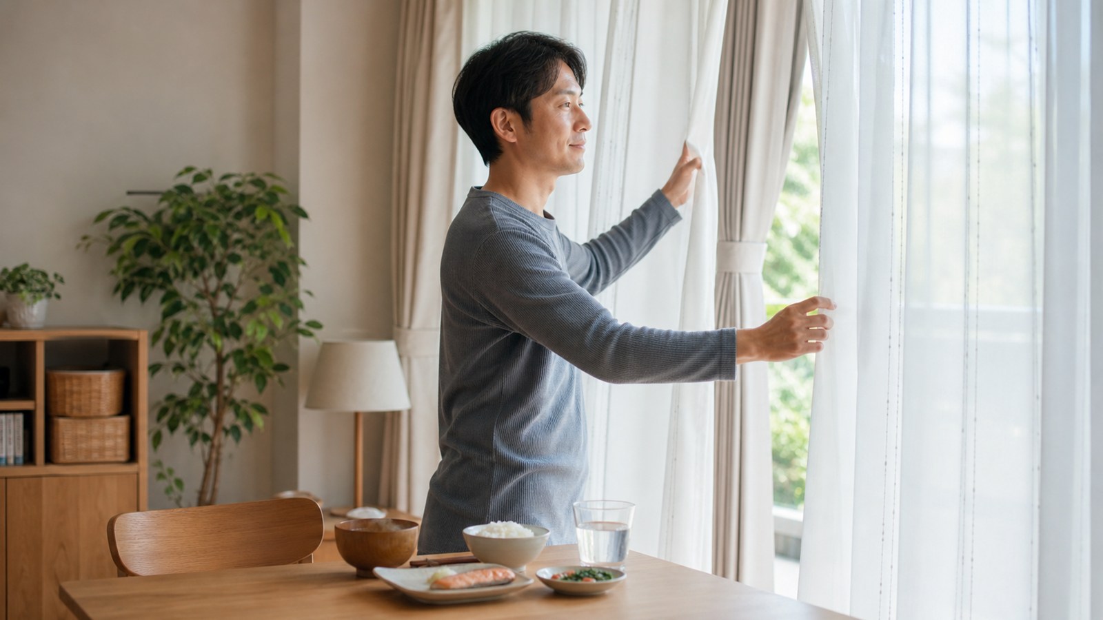 朝の光と軽い食事で生活リズムを整える場面