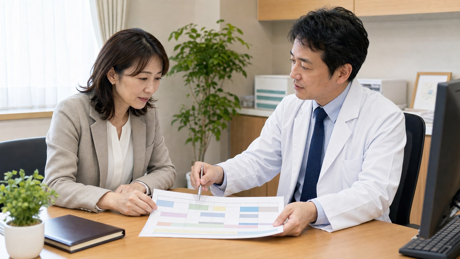 体調に合わせた勤務時間と業務内容を医師へ相談する場面