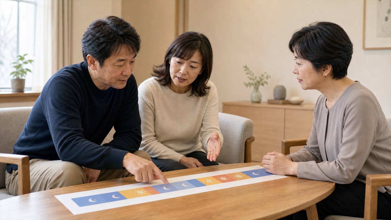 患者と家族と医師が睡眠と気分の長期経過を一緒に確認する場面