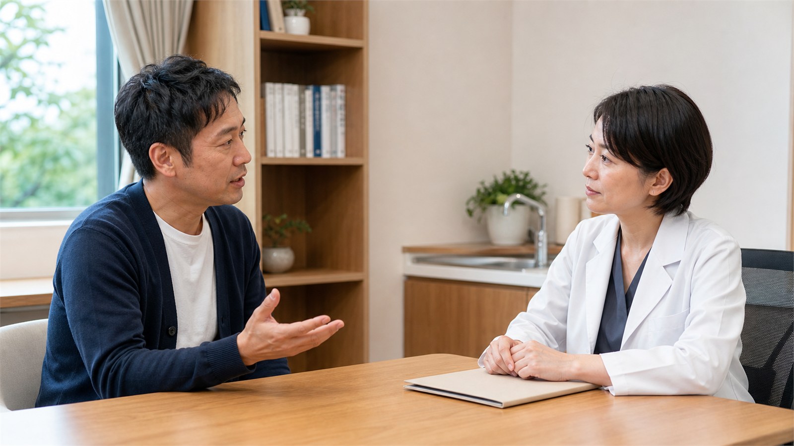 長く続くふらつきと生活への影響を医師へ相談する日本人女性