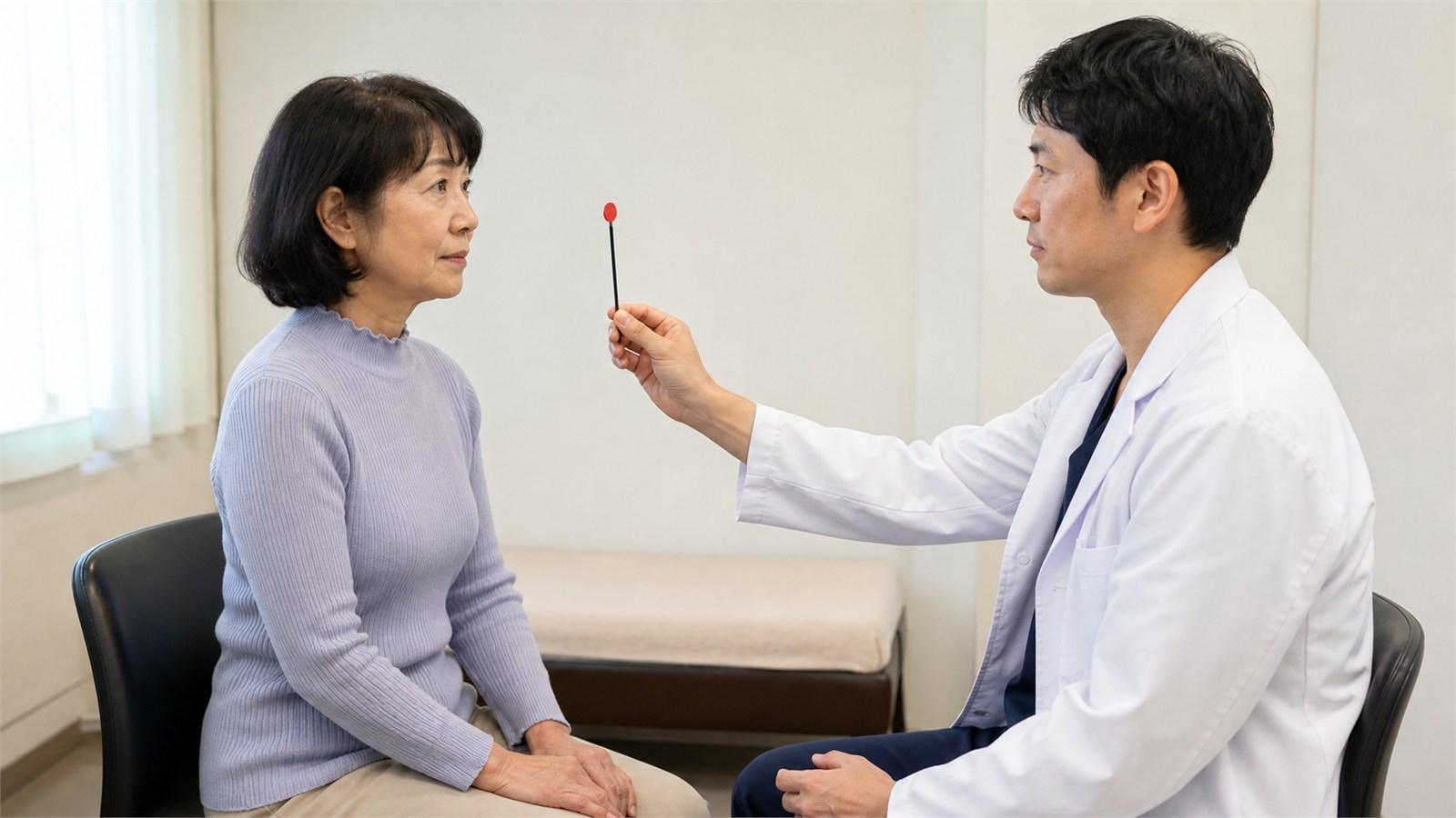 安全な姿勢で眼球運動と神経所見を確認する日本人患者と医師