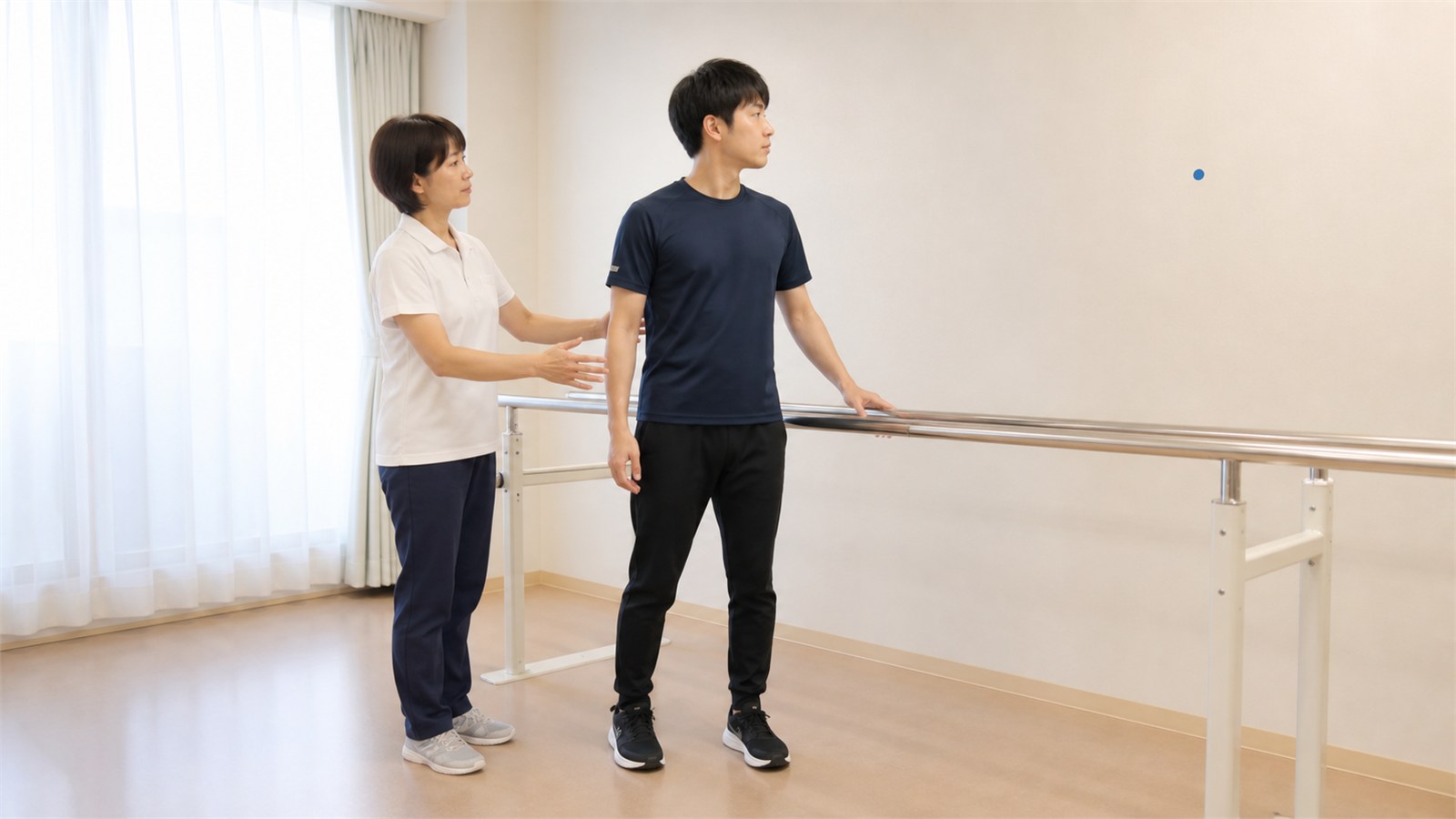 支持物と医療者の見守りのもと前庭リハビリを行う日本人女性