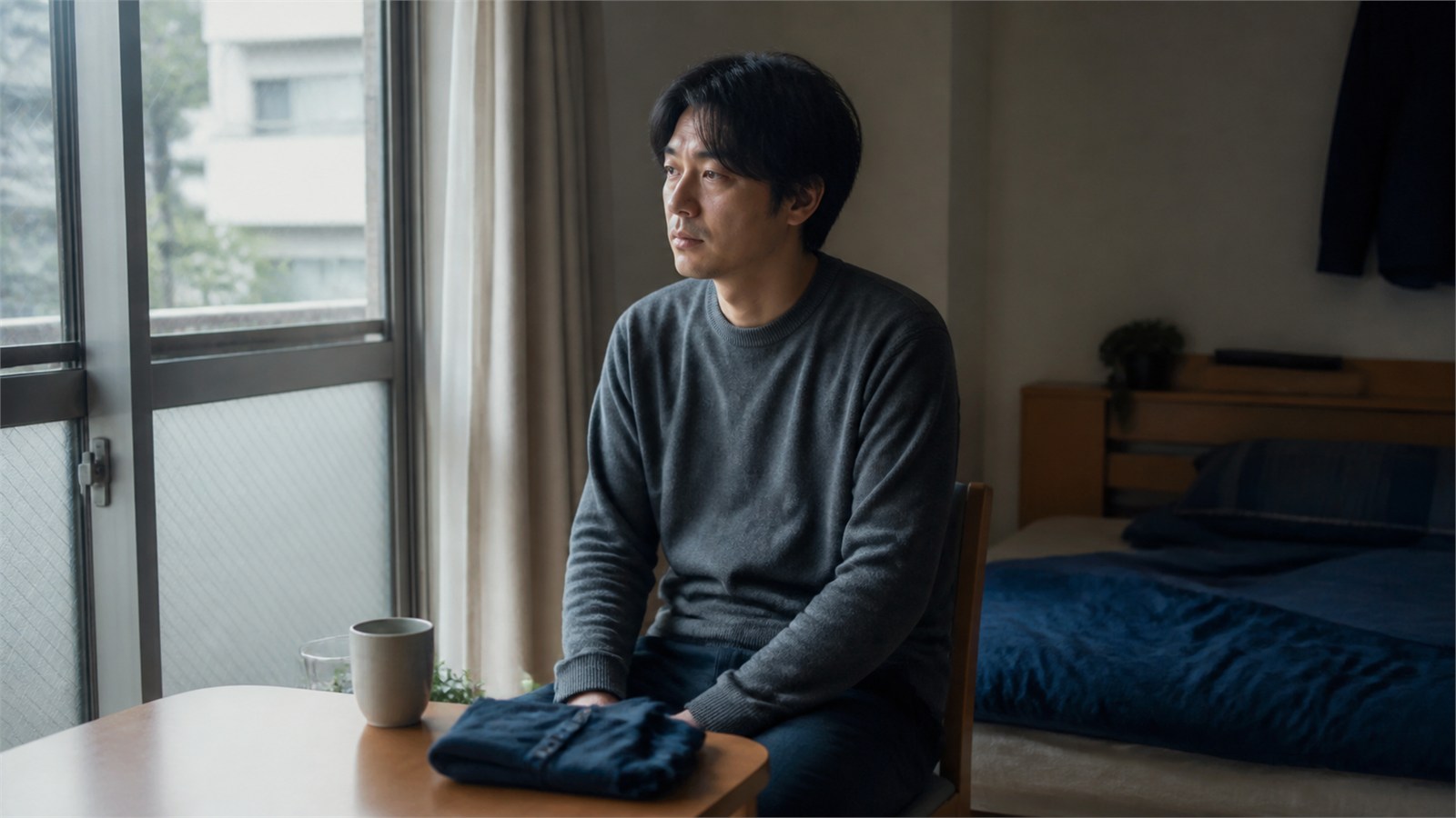 朝の窓辺で気分の落ち込みと疲れを感じながら静かに座る日本人会社員