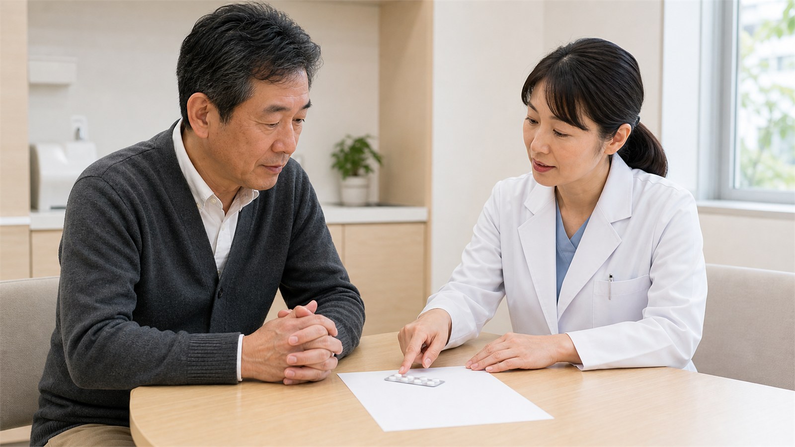 薬の効果と副作用や生活上の安全を女性医師と確認する日本人男性