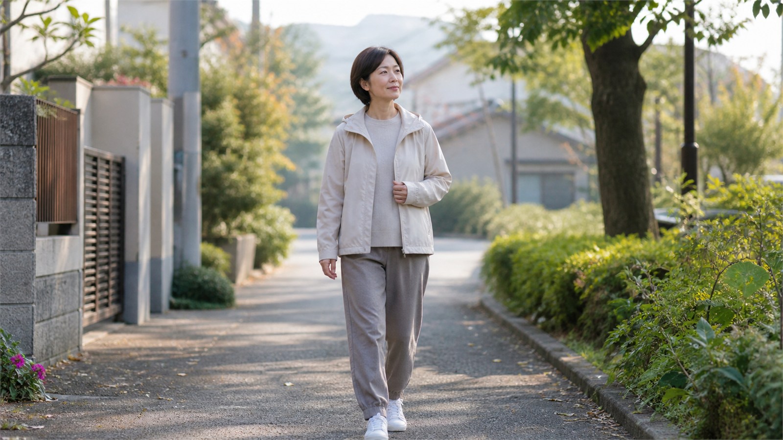朝の住宅街を無理のないペースで歩き生活リズムを整える日本人女性