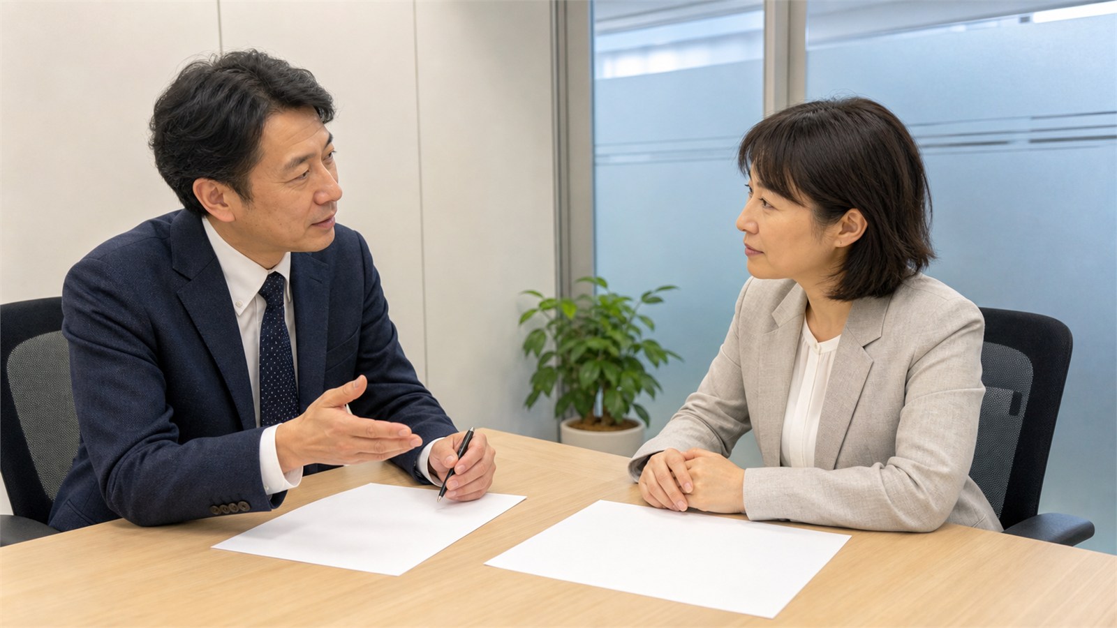 仕事量や勤務時間と段階的な復帰について相談する日本人会社員