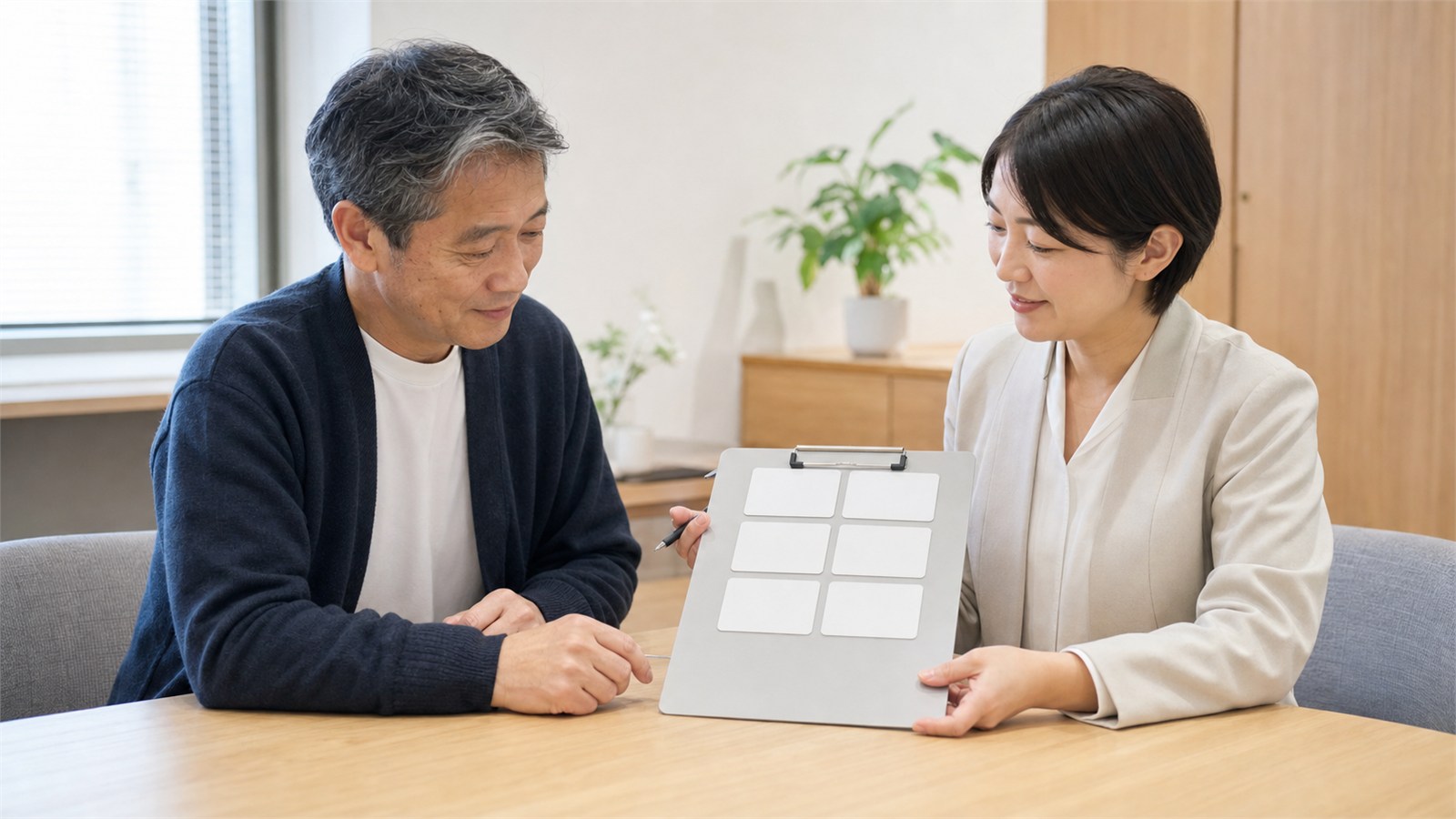 早期サインと支援計画を女性医師と一緒に確認する日本人男性