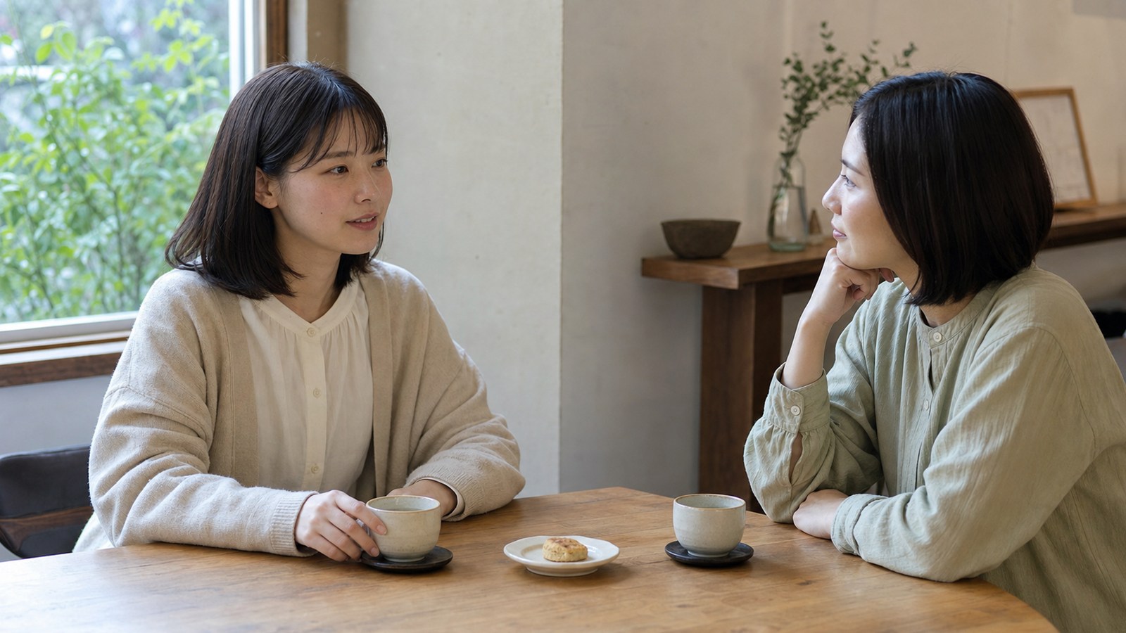 信頼できる友人と静かなカフェで落ち着いて過ごす日本人女性