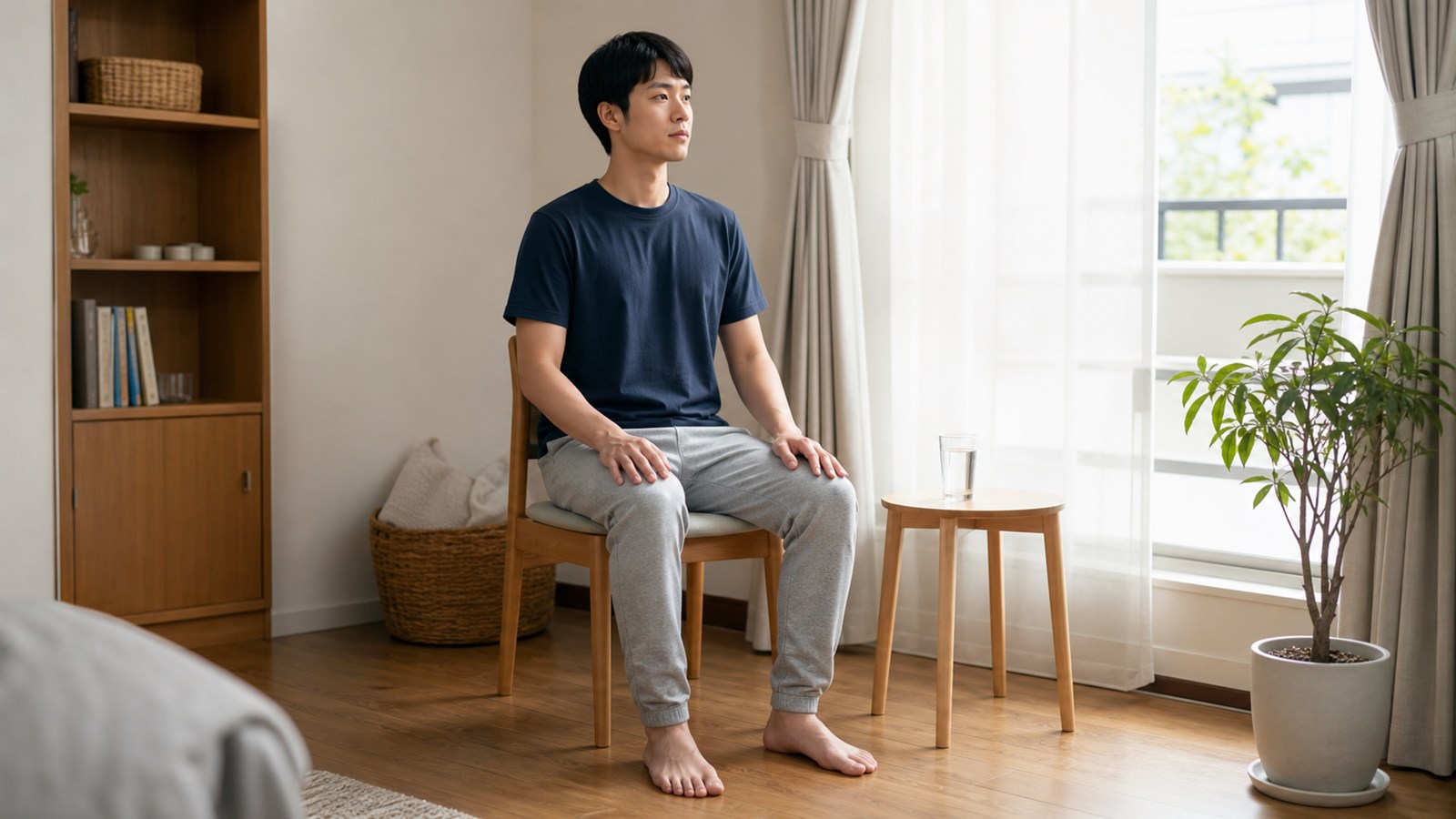 身体の感覚に気づき、足を床につけて落ち着く日本人男性