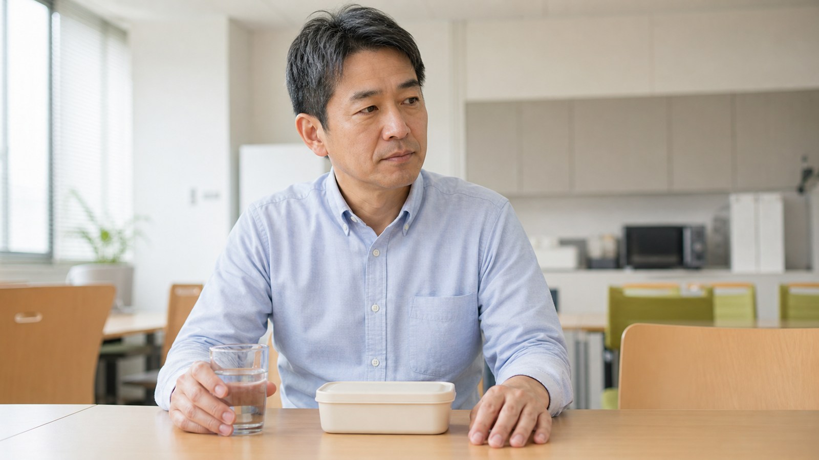 職場の昼食前に水を手にして気持ちを整える日本人会社員