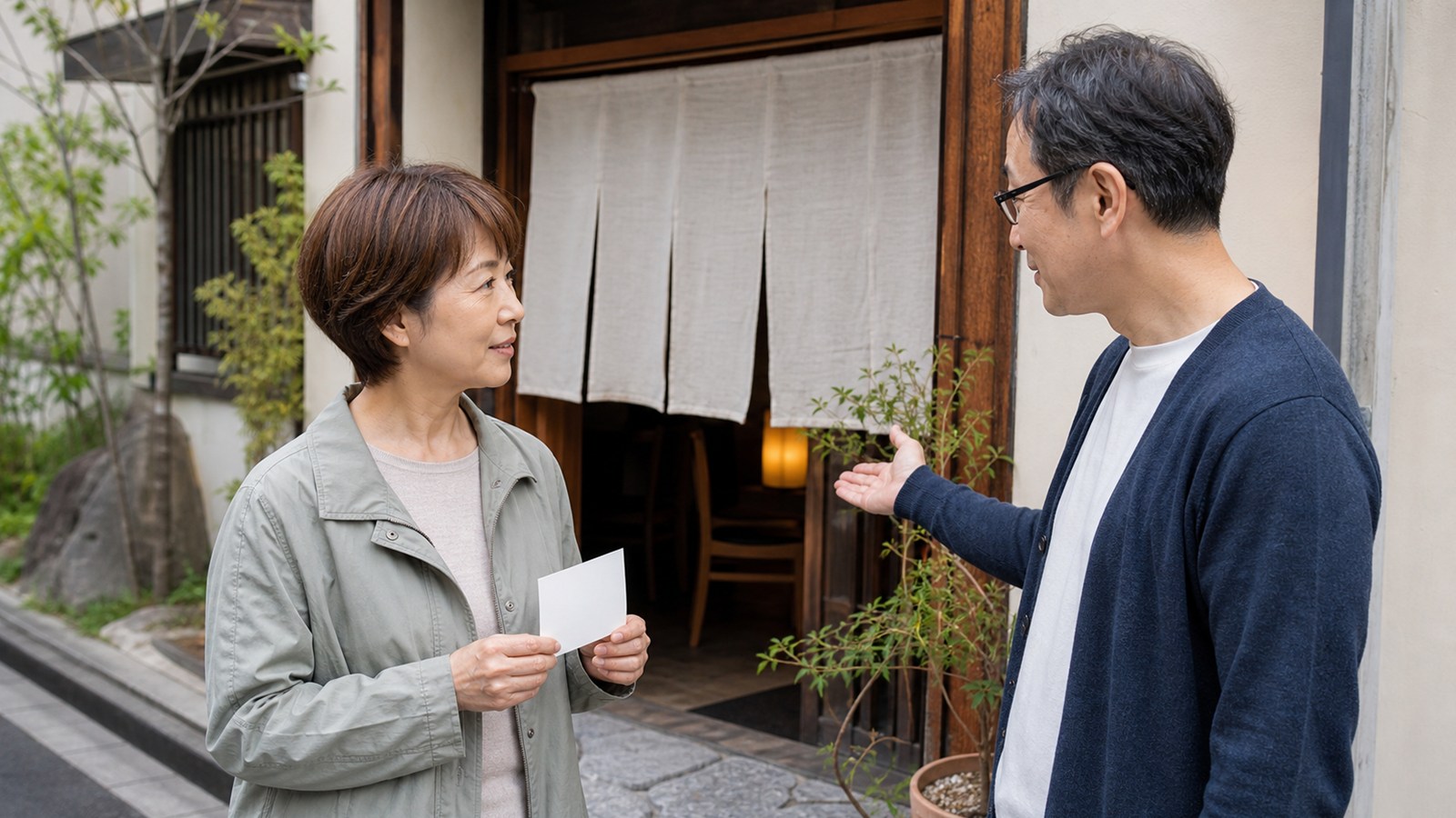 支援者と計画を確認しながら飲食店へ入る準備をする日本人女性