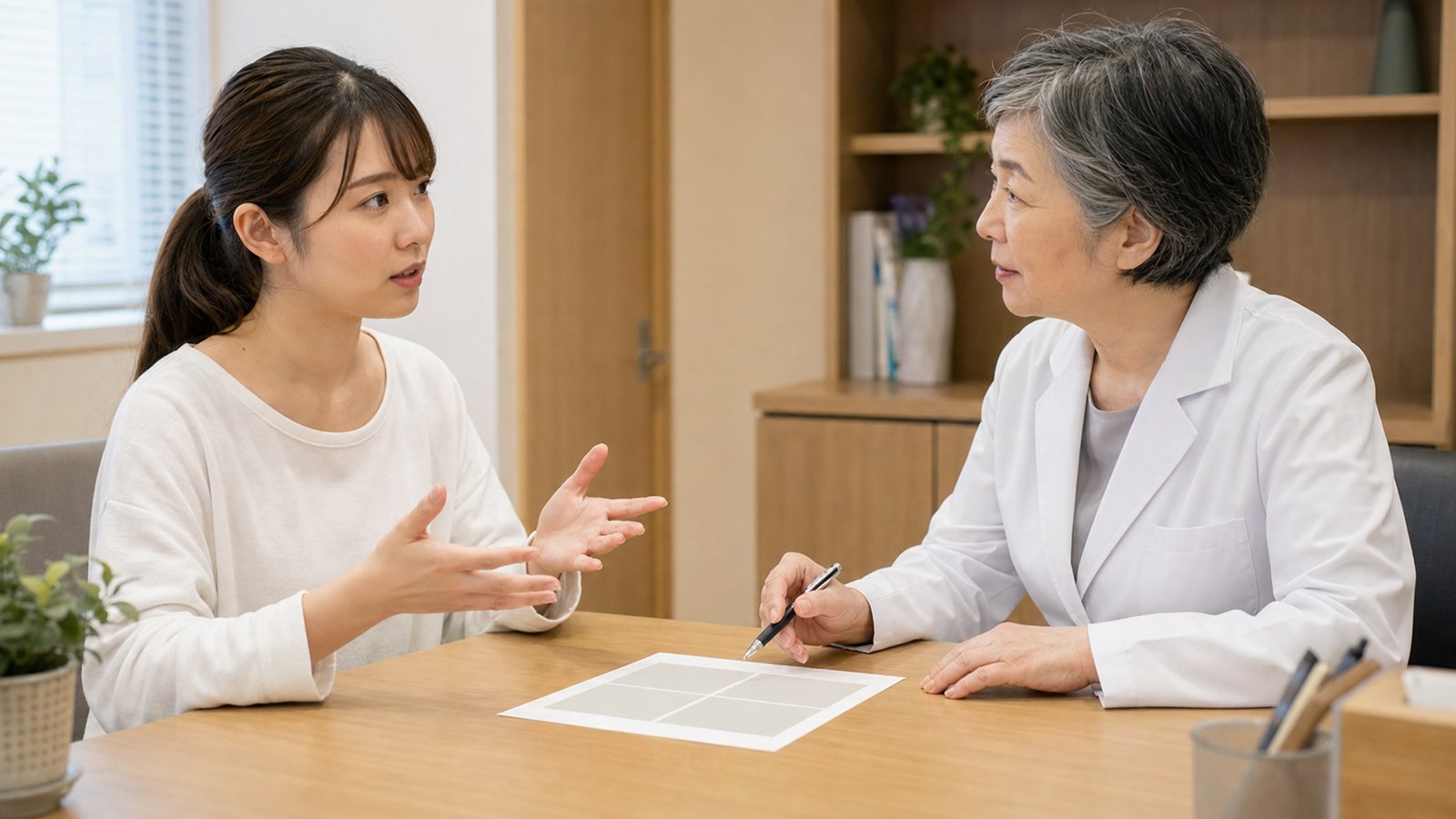 吐くことへの恐怖と生活への影響を医師へ相談する日本人女性