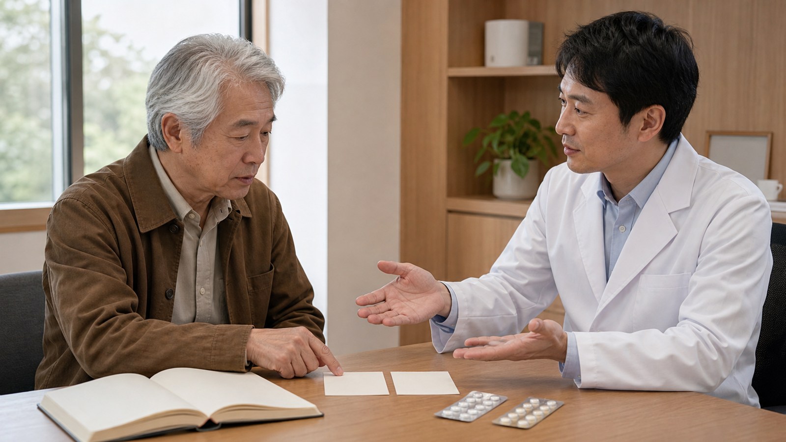 薬物療法の利点と注意点を医師と確認する日本人男性