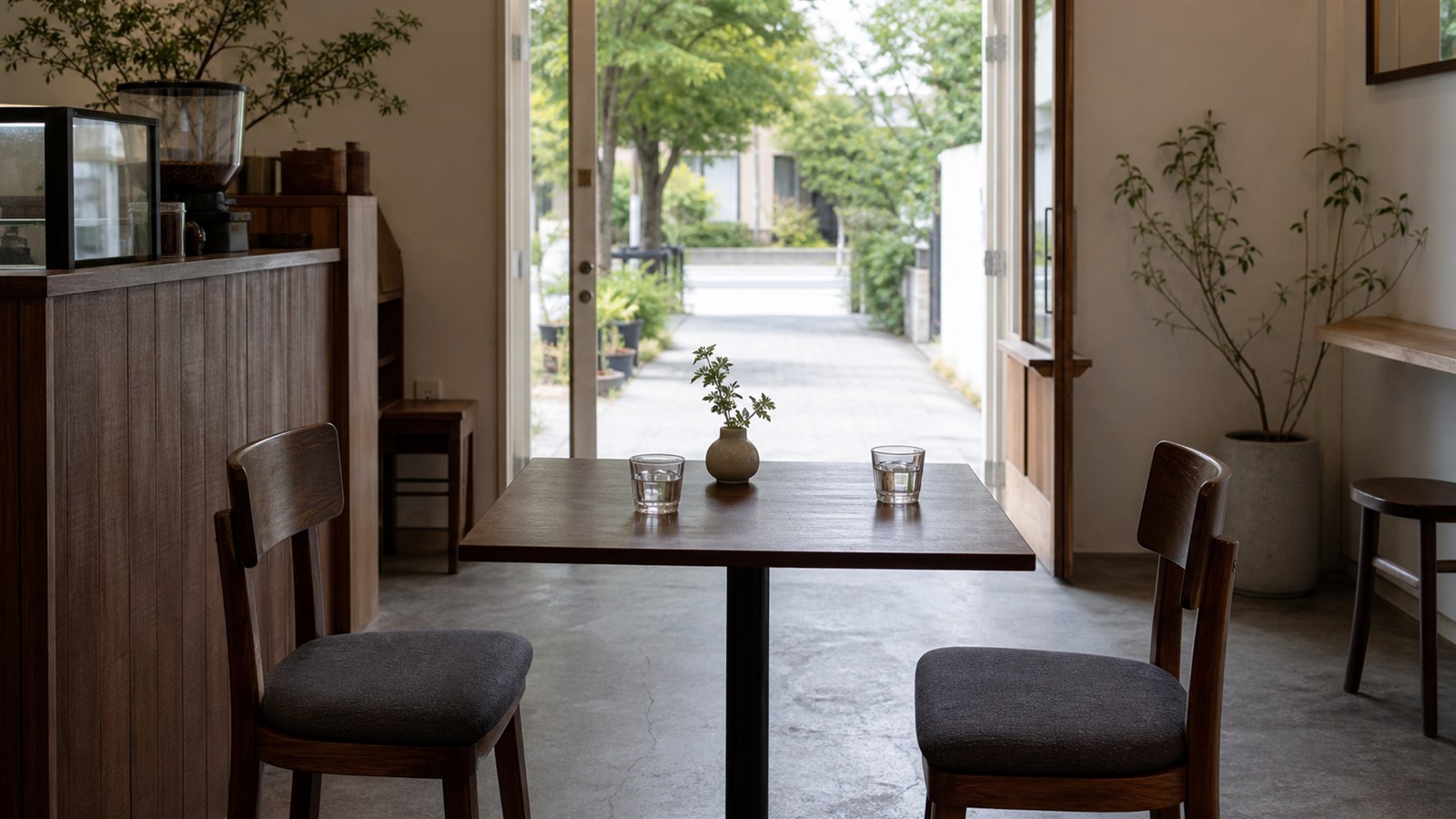 出口までの通路が見える無人のカフェ席
