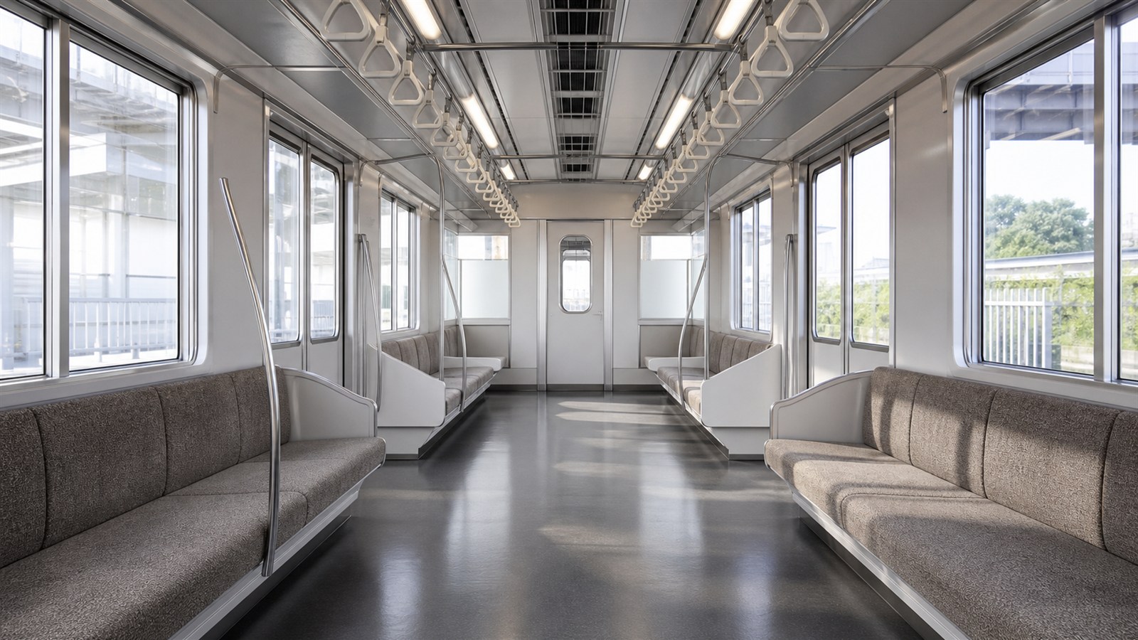 通路が見通せる無人の通勤電車の車内