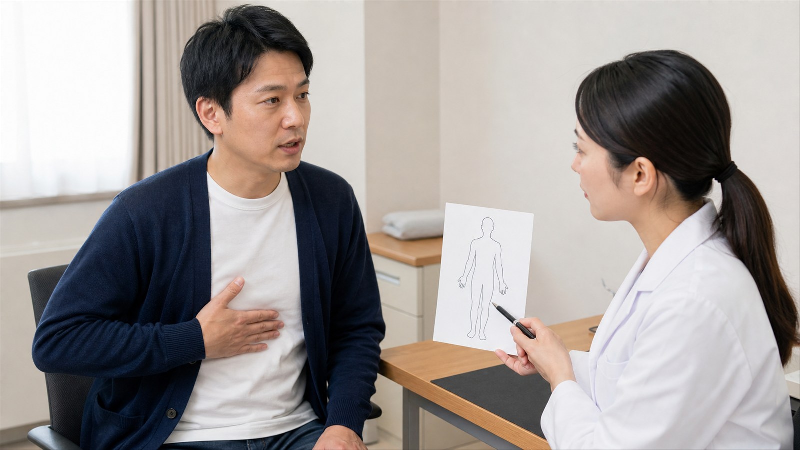 胃部不快感の場所と食事との関係を医師へ伝える日本人患者